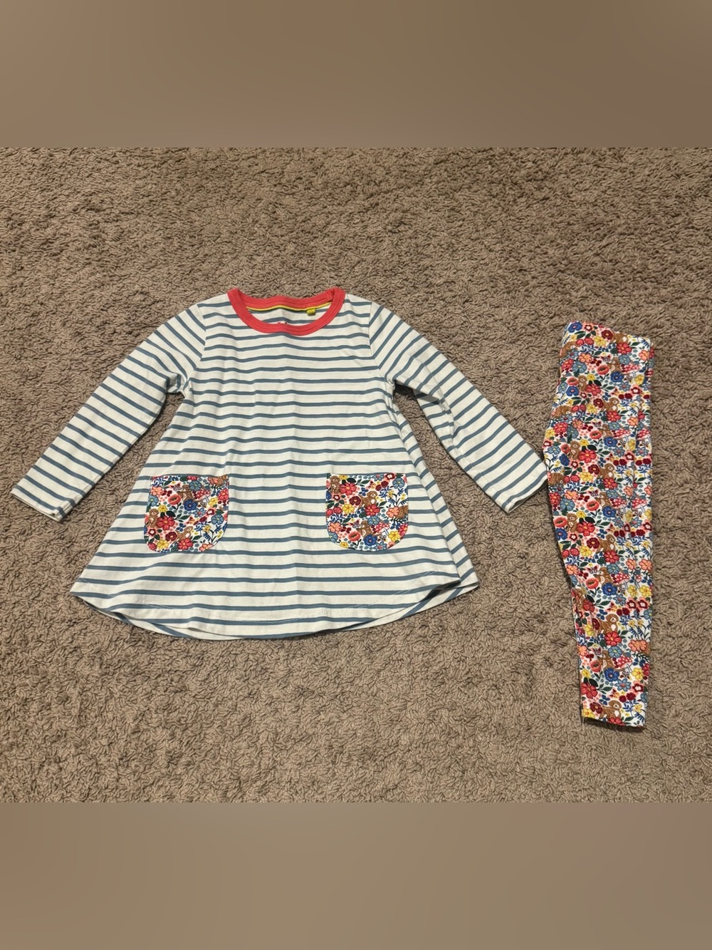 Mini Boden Striped Tunic Dress and Floral Leggings Set with goldendoodles